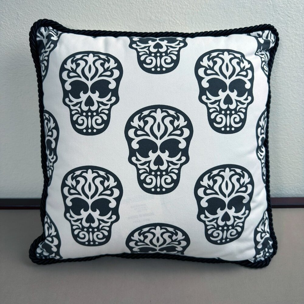 Black & White Skull Damask Throw Pillow & Insert 16x16 | Premium Gothic Cushion